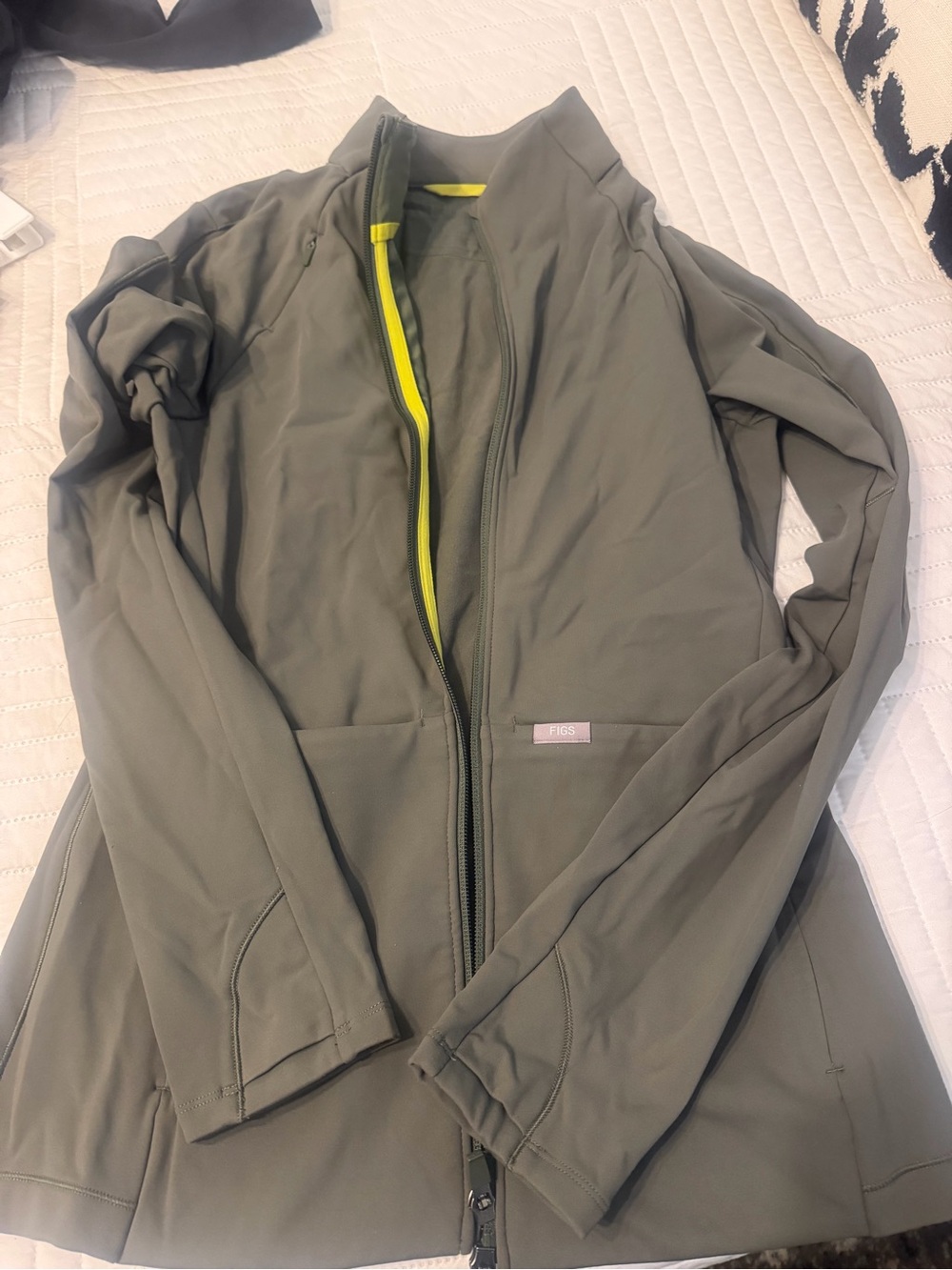 Figs Olive Performance Full-Zip Jacket with Neon Yellow Trim